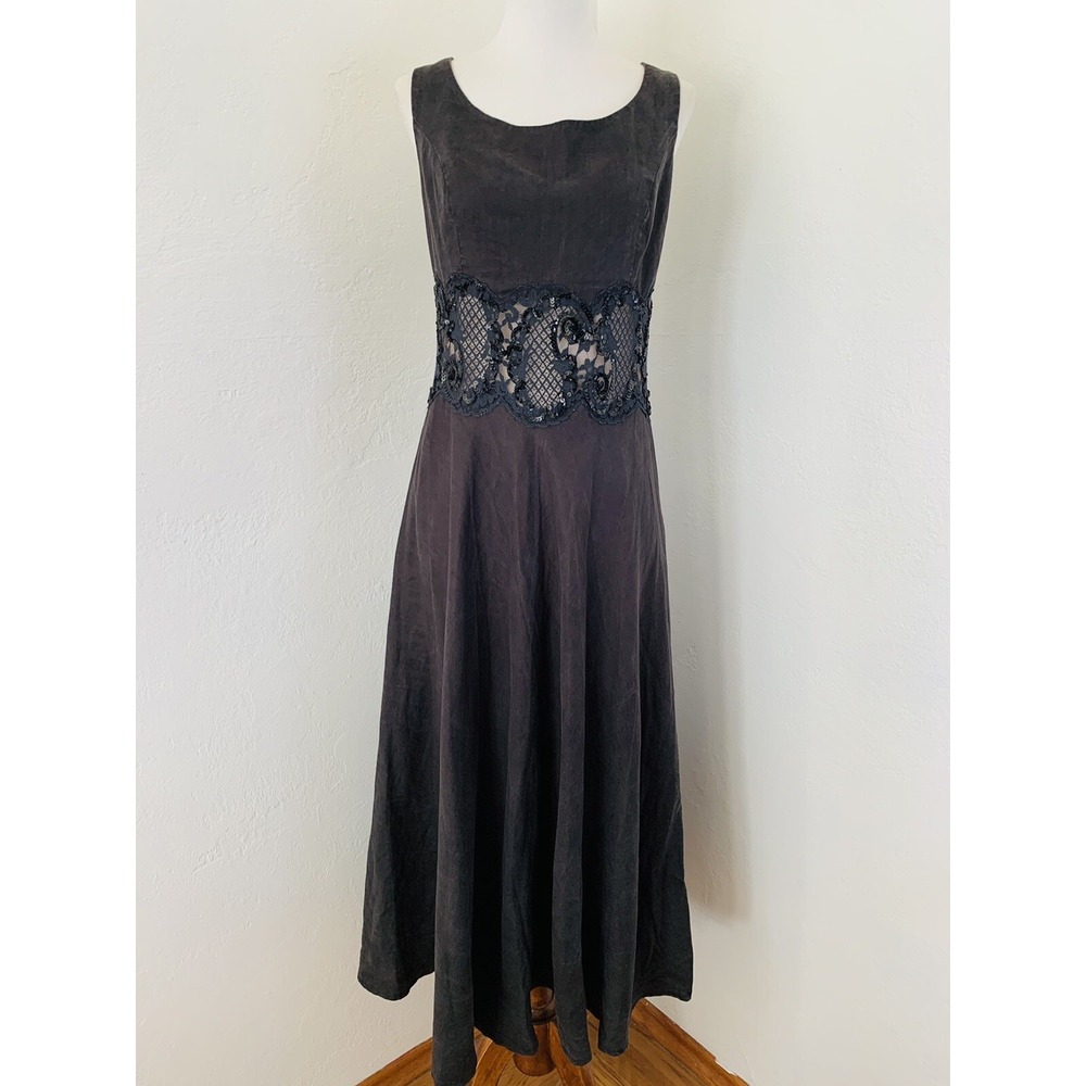 Vintage Retro Midi Dress Womens Sz 10 Black Linen Sequins Party Jeannene Booher